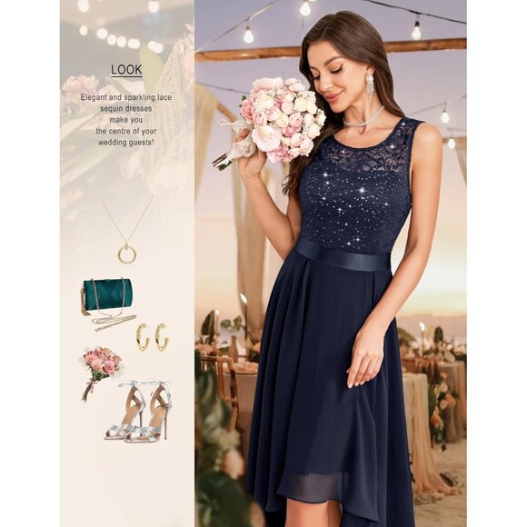 BeryLove Women Navy Chiffon Scoop Neck Sleeveless Lace Cocktail Formal Dresses - Picture 3 of 6